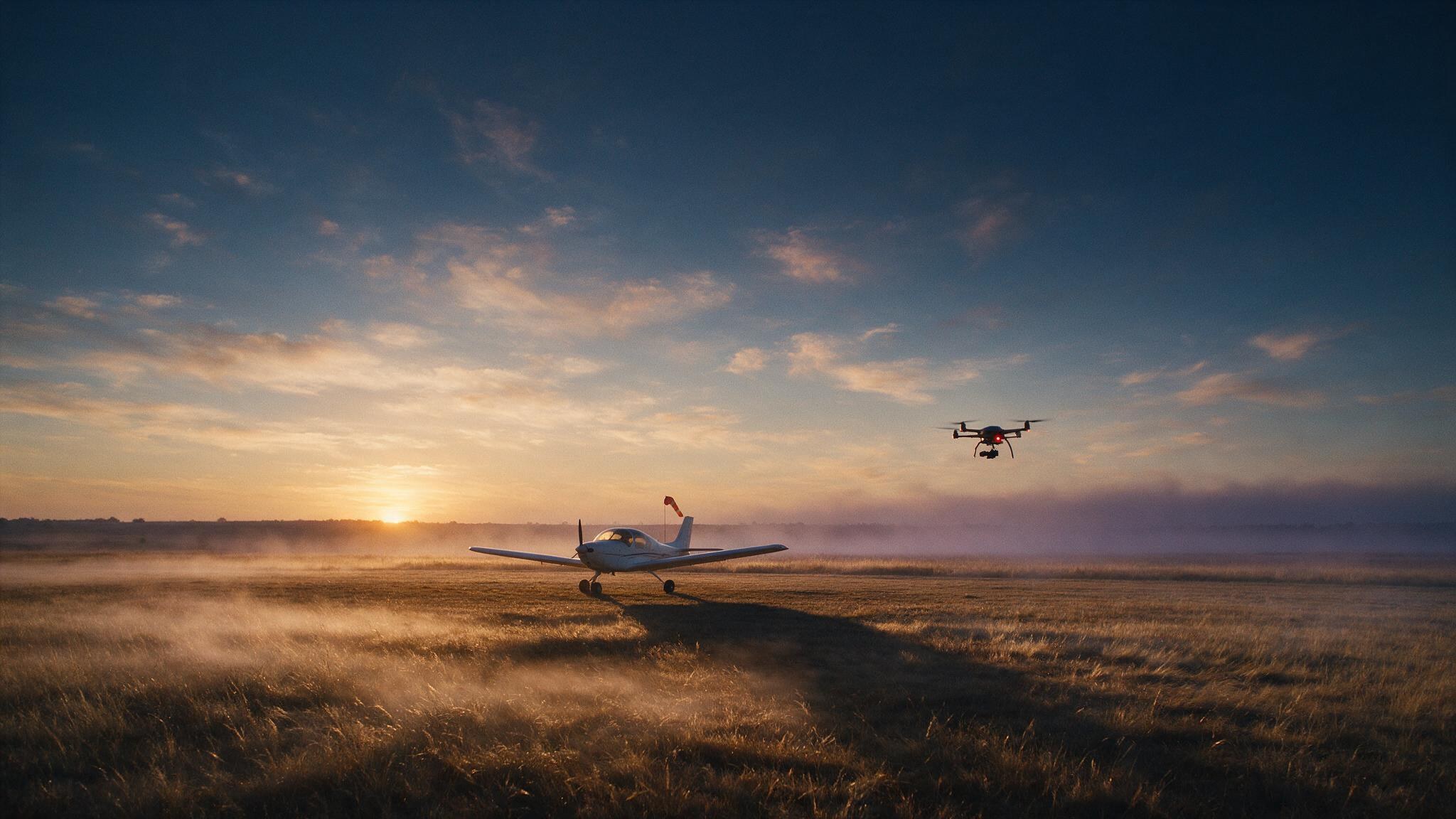 A grass airfield at sunrise with a parked light aircraft, a windsock, and a drone aloft in the lifting mist