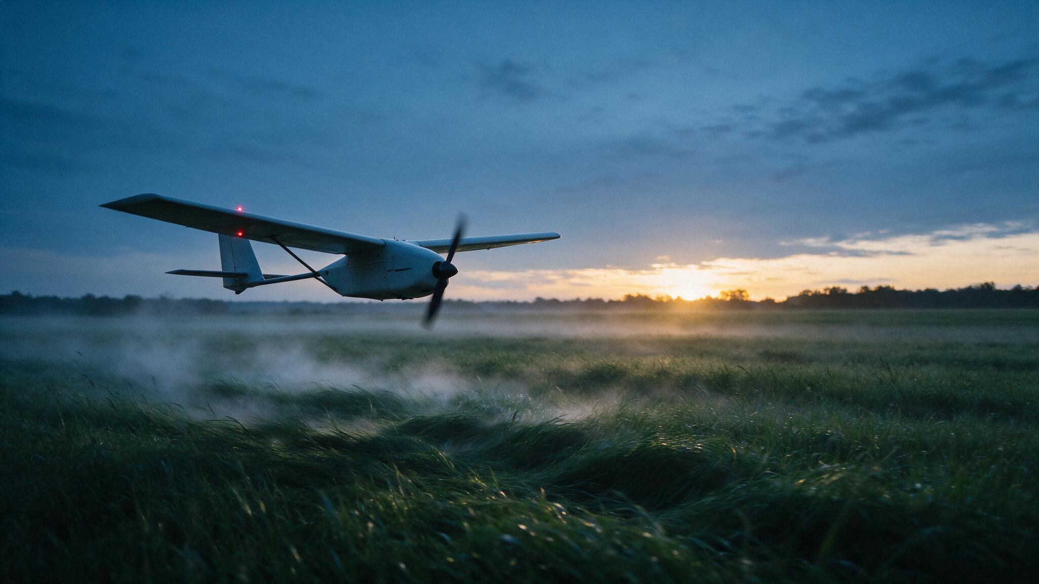A fixed-wing survey drone skimming low over a misty field at sunrise, red wing lights on