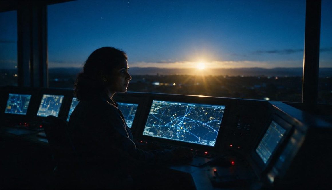 An operator in a dark control room at dawn, lit by glowing flight-path telemetry screens