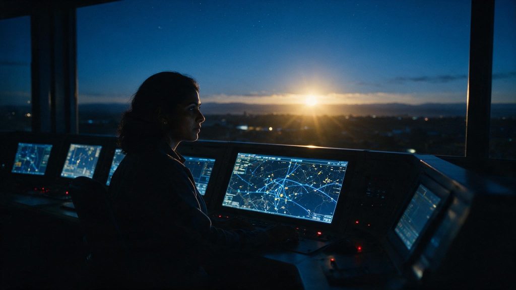 An operator in a dark control room at dawn, lit by glowing flight-path telemetry screens