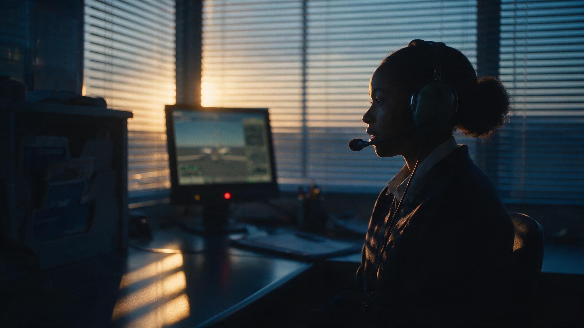 A student wearing an aviation headset speaking into its boom microphone in a dawn-lit assessment room
