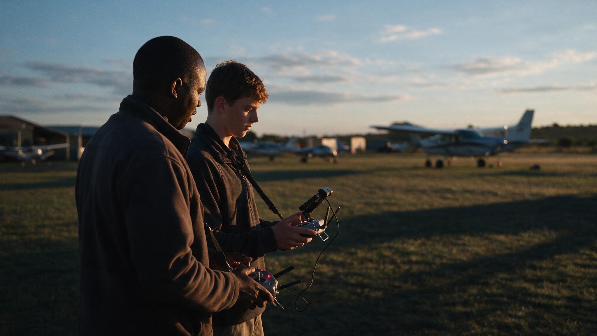 An instructor and student on an airfield at first light, linked dual-control drone controllers in hand, parked training aircraft behind them