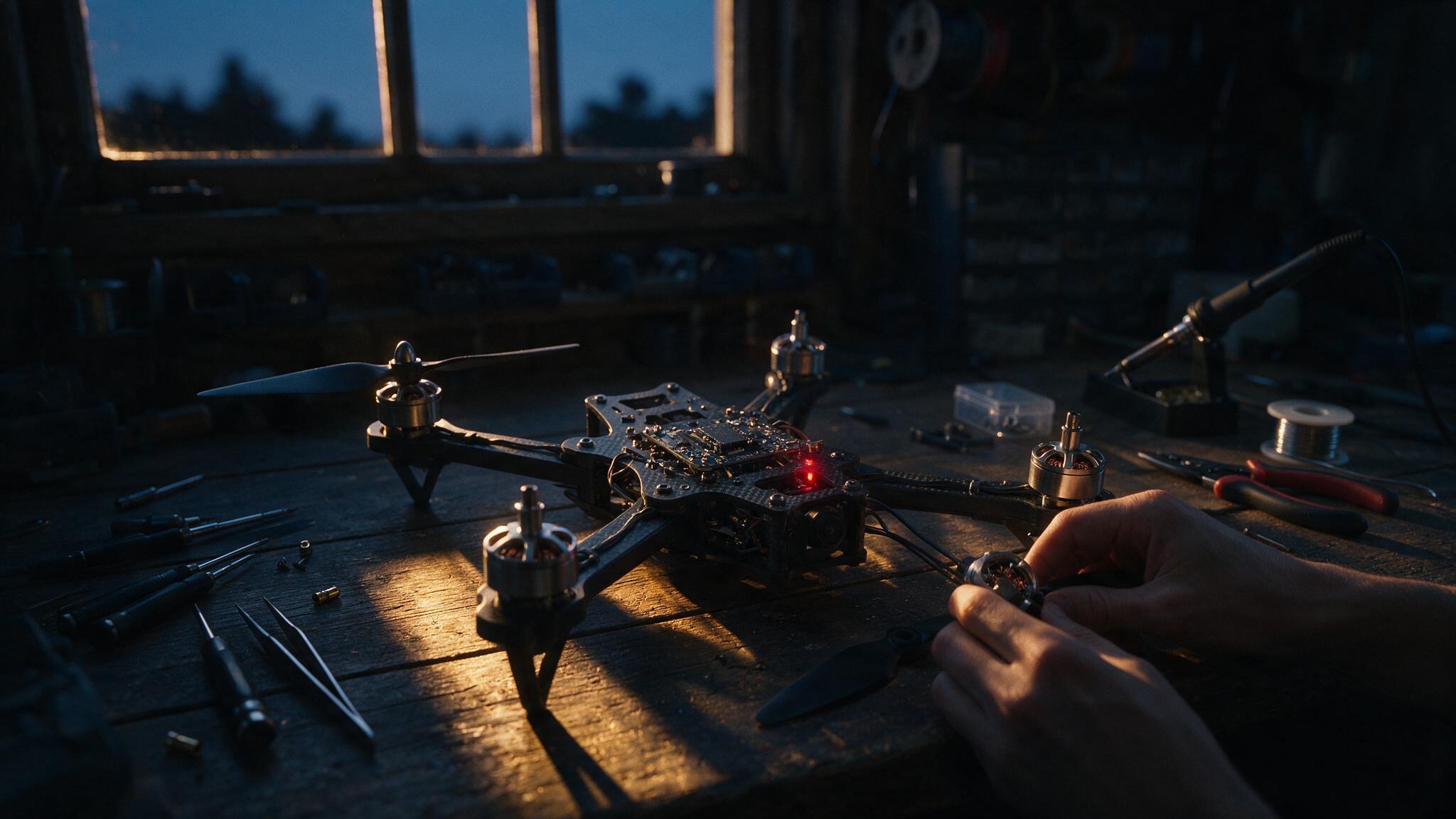 A partially disassembled quadcopter on a workshop bench at dawn, red status LED glowing, a technician's hands adjusting a motor mount