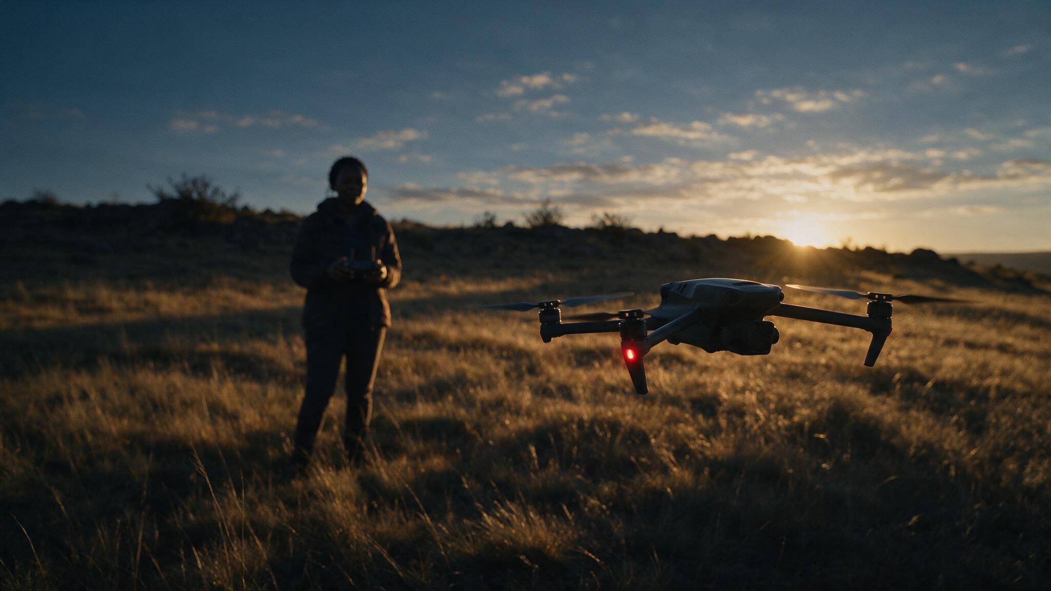 A quadcopter hovering low over golden grass at first light, red navigation light glowing, its pilot out of focus behind the controller