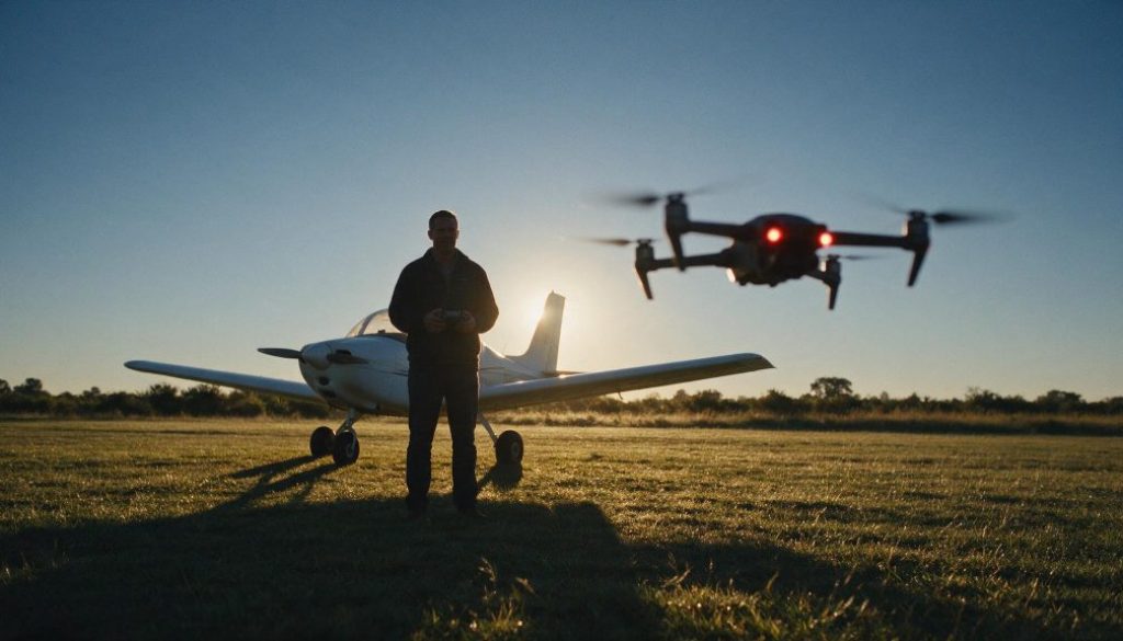 A pilot holding a drone controller beside a parked light aircraft at sunrise, a quadcopter hovering ahead