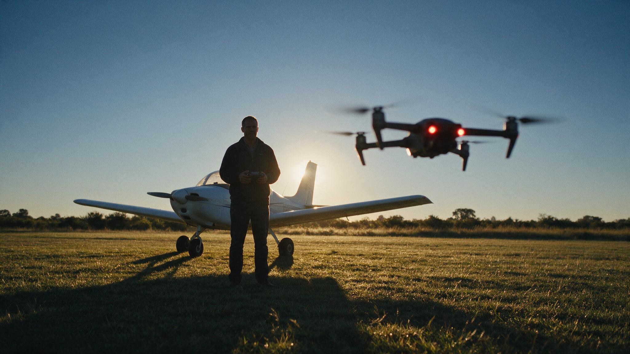 A pilot holding a drone controller beside a parked light aircraft at sunrise, a quadcopter hovering ahead