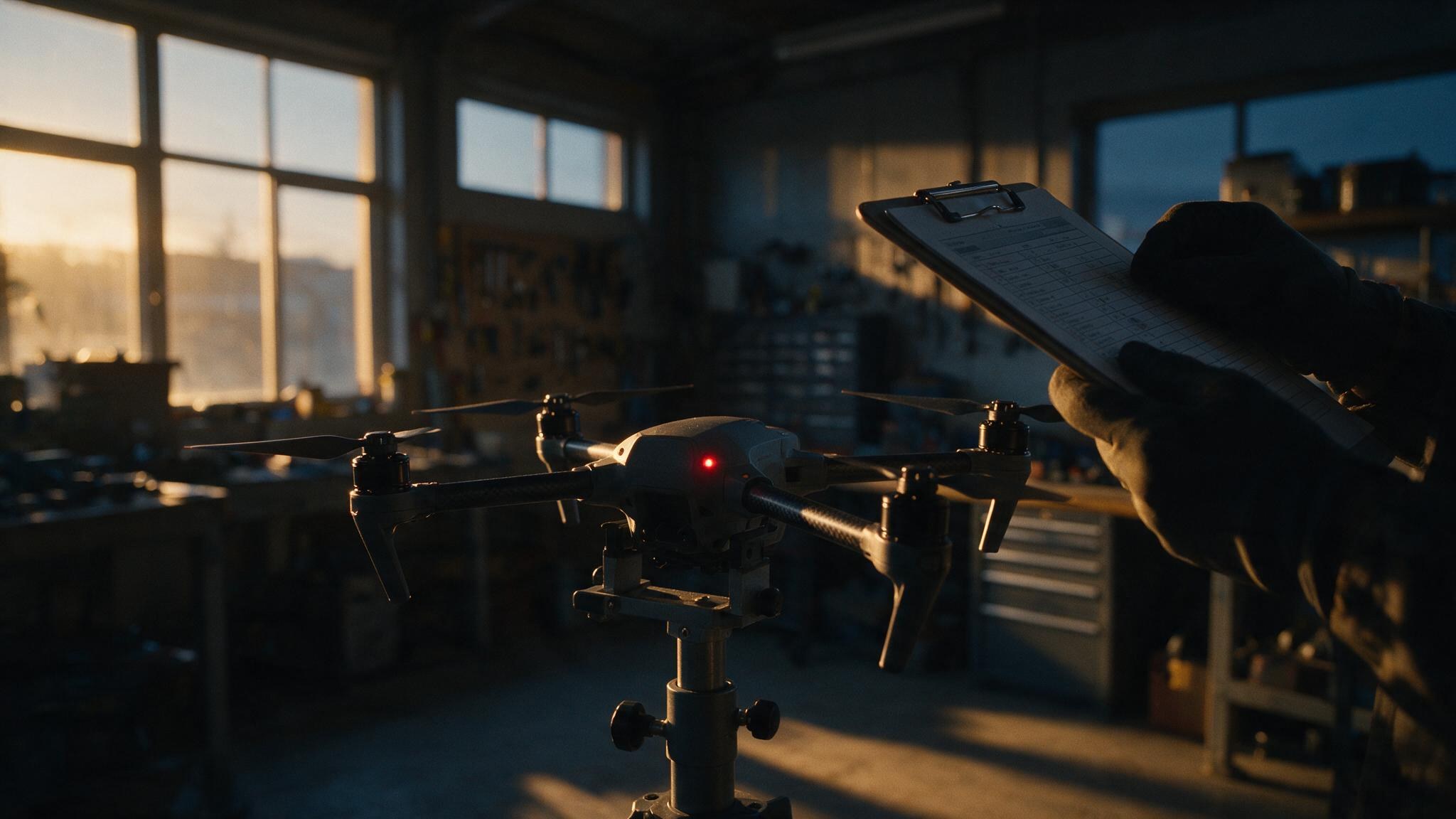Gloved hands holding an inspection checklist over a drone on a stand in a workshop at first light