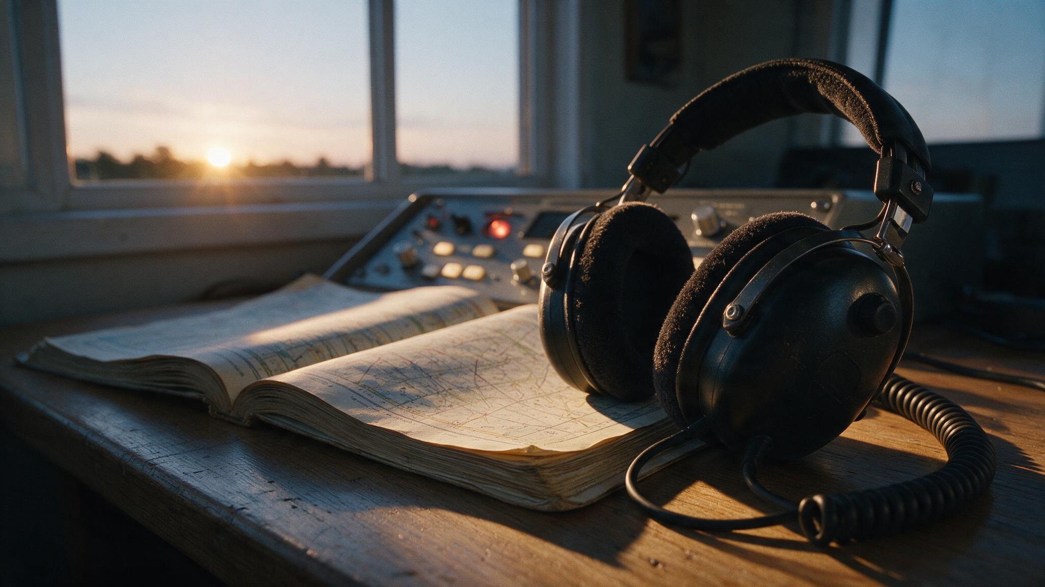 An aviation headset resting on an open frequency chart beside a radio panel, low morning light across the desk