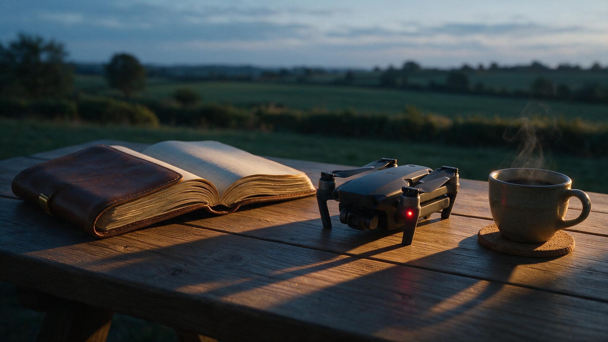 A pilot's logbook lying open beside a folded drone and a cup of coffee at first light