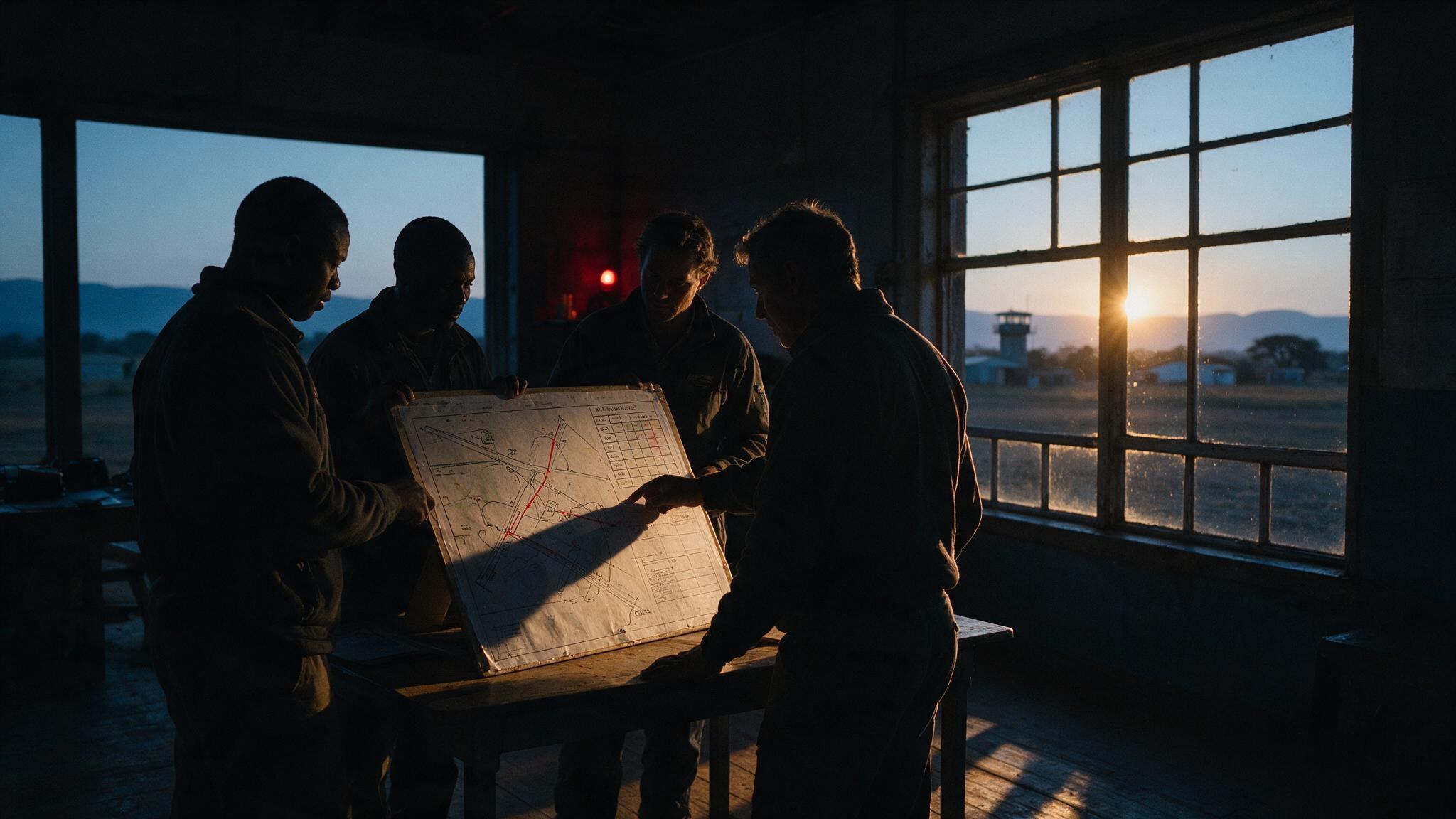 Four pilots gathered around an airfield map and risk matrix at a dawn safety briefing