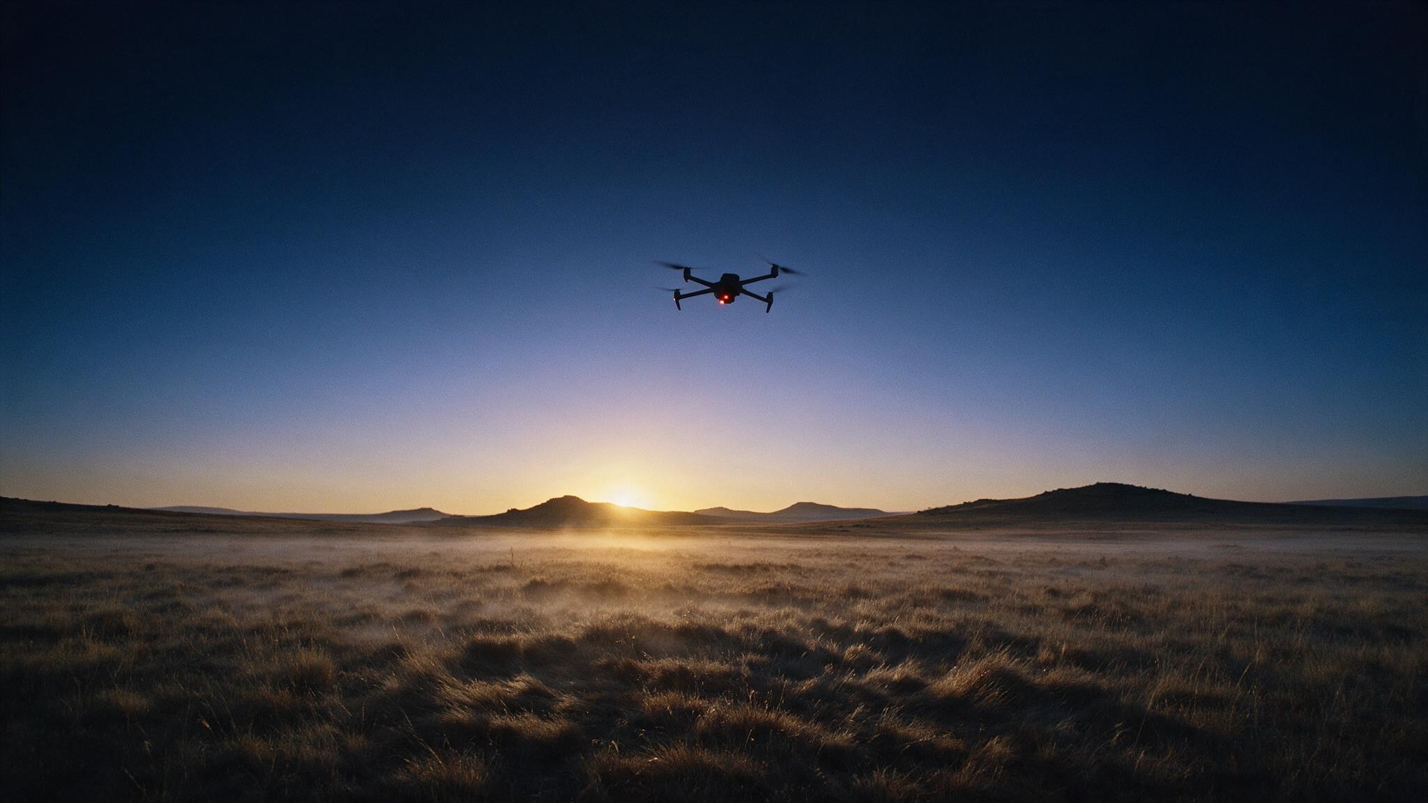 A drone silhouetted against a vast dawn sky, sunrise cresting distant hills over misty highveld grassland