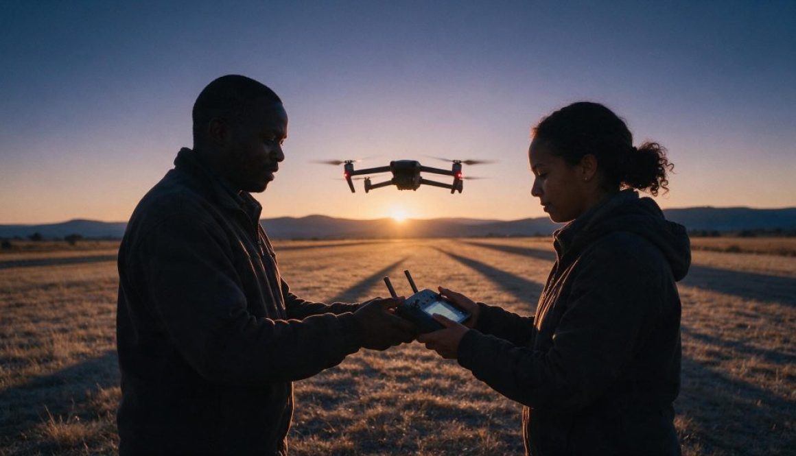 An instructor handing a drone controller to a student on an airstrip at sunrise, a drone hovering between them