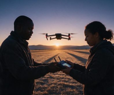 An instructor handing a drone controller to a student on an airstrip at sunrise, a drone hovering between them