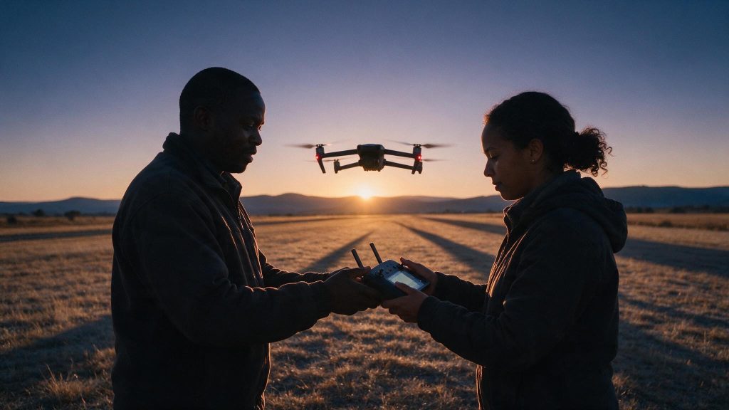 An instructor handing a drone controller to a student on an airstrip at sunrise, a drone hovering between them
